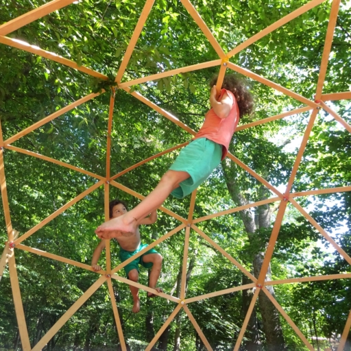 Kinder im fertigen Geodome unter Baumkronen
